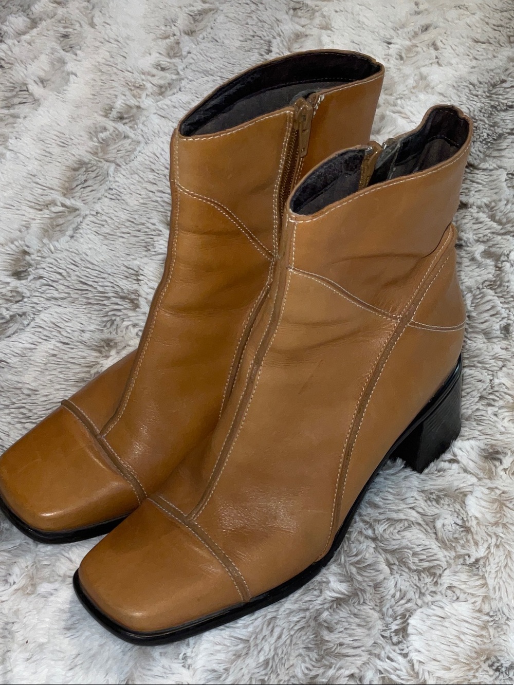 Clarks Tan Leather Ankle Boots - Zip Closure, Block Heel